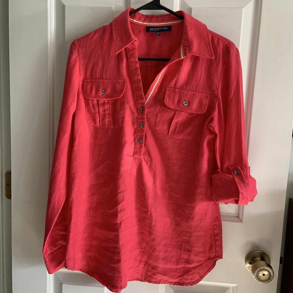 Jones New York Sig Bold Pink pure LINEN Tunic Roll Tab Long Sleeve Top  sz Small